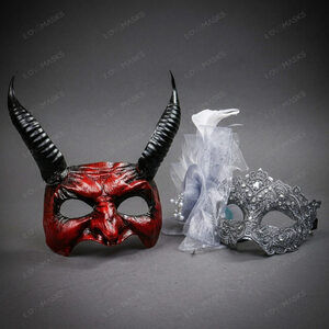 Red Devil Horn Demon Mask & Silver Feather Lace Masquerade Couple Mask Set